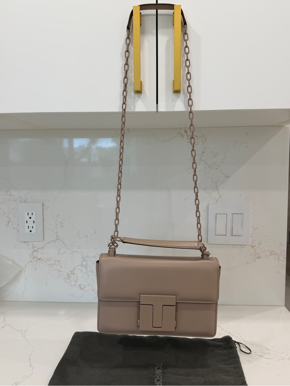 Tom Ford Taupe Leather Shoulder Bag with Chain Strap